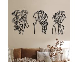 3 Stuks - Muurkunst Decor - Metaalmateriaal - Vrouwelijke muurdecoratie - Line art - Wandborden - 35 x 25 cm - minimalistische abstracte vrouwelijke lijnkunst - zwart