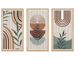 3 Stuks Muursculpturen Houten Decoratie - Boho Chic Wanddecoratie met Geometrische Patronen - Moderne Muurkunst voor Woonkamer, Slaapkamer en Kantoor