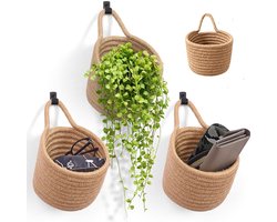 3 stuks - Opbergmanden - Basket - Hangende wandmand - Fruitmand hangend - Gevlochten hangende manden - 16×12cm - bruin - Met ophanghandvat - Van natuurlijk jute - voor Kleine Spullen Woonkamer & Badkamer