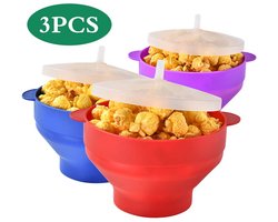 3 Stuks Opvouwbare Popcornkommen - Veilig Voor Voedselcontact Siliconen Schalen - Met Deksel - Geschikt Voor Magnetron En Zelfgemaakte Popcorn - BPA-vrij En Vaatwasserbestendig (Rood + Paars + Blauw)