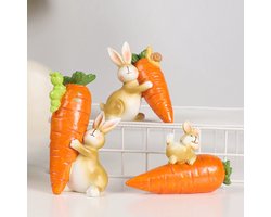 3 Stuks Paaskonijn Resin Figuren Set - Konijnen Met Wortels - Tafel Ornament & Cadeau Voor Paasfeest & Interieur