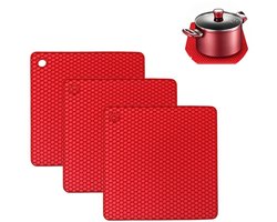 3 stuks - placemat - keuken siliconen placemat - vierkante honingraat siliconen onderzetter - hittebestendige antislip warmtepad - voor potten en pannen, flexibele tafelmat voor keukenblad - rood
