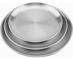 3 stuks roestvrij stalen ronde servies, zilveren schotels, roestvrijstalen borden, serveerborden, metalen borden, campingborden, tafelborden voor outdoor, camping, picknick, keuken, feest