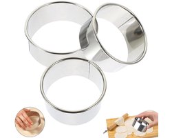 3 stuks - Ronde bakvormen - Ronde roestvrijstalen koekjesringen - Moussevormpjes voor taarten - Ronde roestvrijstalen uitsteker - Zilver - 5,5 cm + 6,5 cm + 7,5 cm - Roestvrijstalen dumplingvellenset - Dumplingvellen