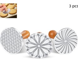 3 stuks - ronde metalen koekjesstempels met houten handvat - ronde koekjespers - voor zelfgemaakte koekjes, taarten en gebak - 3 soorten bloemen - zilver - 8.3×7.7cm