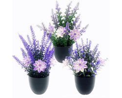 3 stuks - Set kunstmatige lavendelplanten in pot - Kleine en verfijnde kunstbloemen - Geschikt voor decoratie in huis, kantoor en badkamer - Paars