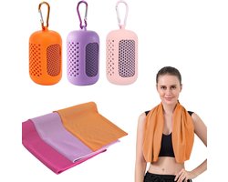 3 Stuks - Towelling Sporthanddoek - 30x90cm - Cooling Towel - Ice Towel - Handdoeken - Absorberend - Sneldrogend - Fitness handdoek - Cool Down Towel - Sneldrogend Microvezel - Met Siliconen Hoesjes - Voor Fitness, Outdoor - Paars, Roze, Oranje