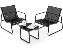 3 Stuks Tuinmeubilair Ademende Stof en Metalen Frame 150KG Belasting Terrasmeubelset met Tafel van Gehard Glas voor Achtertuin Zwembad
