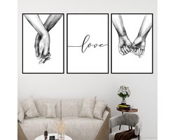 3 stuks wandafbeeldingen posterset, canvasfoto's hand in hand, wandafbeeldingen moderne schilderijen, wanddecoratie voor slaapkamer en woonkamer, zonder lijst, zwart-wit, 40 × 50 cm