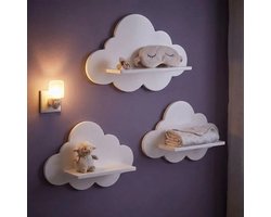 3 stuks Witte Houten Wolk Wandplanken | Afmeting 25x20x5,6 cm Wandrekje voor kinderkamer, decoratieve zwevende plank voor muur