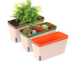 3 stuks zelfbewaterende plantenpotten, 27 cm, rechthoekige kunststof bloempot, tuinbloemen, bonsai, potten voor aloë kruiden, orchideeën, vetplanten, met waterniveauvenster en afvoergat, schaal
