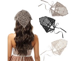 3 Stuks Zomer Boho Hoofdbanden - Holle Haak Bandana voor Vrouwen en Meisjes - Hoofddoek Styling Decoratie Haarsjaal (Zwart + Beige + Bruin)