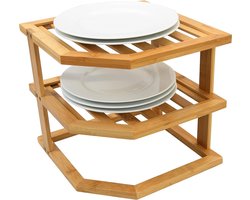 3 Tier Hoek Plank Bordenrek voor Keuken - Natuurlijk Bamboe Organisator bordenrek