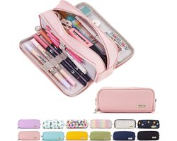 3 vakken grote capaciteit etui voor school en kantoor, B, pennenetui (ROZE)
