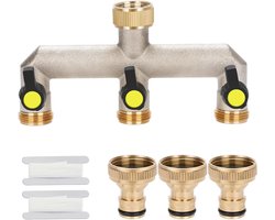 3-Weg Waterverdeler met 3/4 Inch Kraan, Verstelbare en Vergrendelbare Waterstroom voor Grote Tuinen, Duurzaam Messing Ontwerp