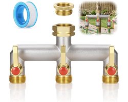 3-weg waterverdeler van messing met verlengde handgreep, ideaal voor tuin, huis en wasmachine, inclusief adapter van 1/2 inch naar 3/4 inch voor optimale waterverdeling