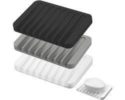 3 Zeepbakjes - Siliconen Zeepbakje - Zeephouder met Afvoer - Badkameraccessoires - Zeephouder - Zeepmat - Zeepbakje - Douche - Afvoer - Antislip Design - Geschikt voor Badkamer en Keuken - Grijs, Wit, Zwart
