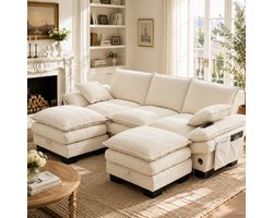 3 Zits Bank Beige - Ribstof Sofa Met 2 Hockers, Comfortabel En Modulair