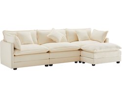 3-zits bank - gestoffeerde bank met voetensteun - L-vormige hoekbank - woonkamerbank - chenillestof - beige