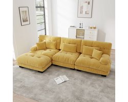 3-Zits Bank, L-Bank, Luxe Modulaire Hoekbank - Extra Grote L-vormige 'cloud' Bank voor de Woonkamer, Diepe Slaapbank met Voetenbank, Hoekslaapbank, Corduroy, Chenille Bruin, Comfortabele Woonbank-Geel