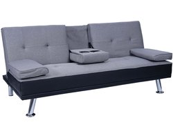 3-zits bank MCW-F60, slaapbank logeerbed, verstelbare bekerhouder 97x166cm ~ kunstleer/textiel, zwart/lichtgrijs