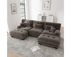 3-Zits Bank, U-Bank, Luxe Modulaire Hoekbank - Extra Grote U-vormige Bank in Wolkstijl voor de Woonkamer, Diepe Slaapbank met Voetenbank, Chenille-Bruin