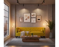 3-Zits Chesterfield Bank Fluweel Geel – Luxe Medahomestore Velvet Sofa met Armleuningen & Diepe Knopen – Comfortabele Designbank voor Woonkamer, Elegant Bankstel met Stevige Poten & Klassieke Stijl