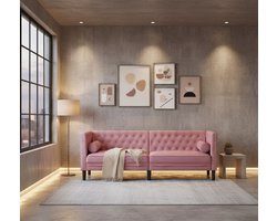 3-zits Chesterfield Bank van Medahomestore – Luxe Roze Fluwelen Designbank met Armleuningen & Nekkussens – Elegante Velvet Loungebank met Getufte Rugleuning – Comfortabele Klassieke Sofa voor Woonkamer – Stabiel Houten Frame