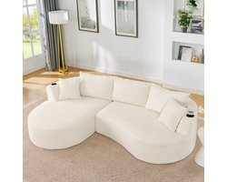 3-Zits Compressiebank, Chaise Longue Links + 2-zitsbank, Hoekbank Gebogen Ontwerp, Zachte Corduroy Stof, met Bekerhouder en Kussens, Vacuümverpakt, voor Woonkamer, Hotel, Appartement en Kantoor, Beige