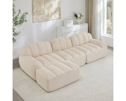3-zits L-vormige modulaire sofa zonder frame – schelpvormig – diepe zitting – inclusief 1 voetenbankje, woonkamersofa – kant-en-klaar – beige