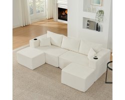 3-zits Modulaire Hoekbank, Gecomprimeerde L-vormige bank met Beweegbare Hockers, U-Bank, 3-Zits Bank, Zachte Corduroy stof, Bekerhouder, Zijvak en Kussen, Geschikt voor Woonkamer, Hotels en Huurappartementen, Beige