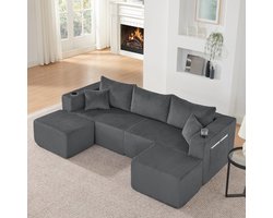 3-zits Modulaire Hoekbank, Gecomprimeerde L-vormige bank met Beweegbare Hockers, U-Bank, 3-Zits Bank, Zachte Corduroy stof, Bekerhouder, Zijvak en Kussen, Geschikt voor Woonkamer, Hotels en Huurappartementen, Grijs