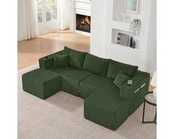 3-zits Modulaire Hoekbank, Gecomprimeerde L-vormige bank met Beweegbare Hockers, U-Bank, 3-Zits Bank, Zachte Corduroy stof, Bekerhouder, Zijvak en Kussen, Geschikt voor Woonkamer, Hotels en Huurappartementen, Groente