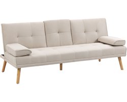 3-zits Slaapbank – Bedbank – Sleeper Sofa – Slaapbankje – Slaapzetel – Scandinavisch Design – Verstelbare Rugleuning in 3 Standen – Stevig Massief Populierenhout – Beige Linnen Bekleding