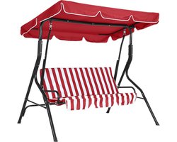 3-Zits Tuinschommelbank met Verstelbaar Zonnedak en Kussens - Schommelstoel voor Buiten - Stalen Frame - Max. 270 kg - Tuin, Terras & Balkon - Rood