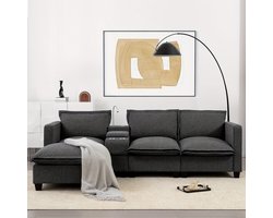 3-zitsbank – 3-zits sofa – hoekbank – loveseat – zitbank – grijze chenille stof – ingebouwde opbergruimte en leeslamp