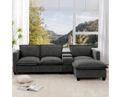 3-zitsbank – 3-zits sofa – hoekbank – loveseat – zitbank – grijze chenille stof – ingebouwde opbergruimte en leeslamp
