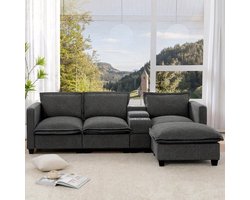 3-zitsbank – 3-zits sofa – hoekbank – loveseat – zitbank – grijze chenille stof – ingebouwde opbergruimte en leeslamp