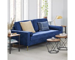 3-zitsbank blauw fluweel – Industrialhome VelvetLuxe – Comfortabele moderne bank met metalen poten & eucalyptushouten frame – 181 x 82 x 86 cm – Luxe fluwelen zitbank voor woonkamer of kantoor