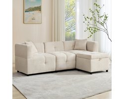 3-zitsbank, Hoekbank met Opbergruimte, L-vormige Hoekbank met Afneembare Voetenbank en 2 Kussens, Geschikt voor Woonkamer, Kantoor- Beige