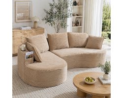 3-Zitsbank, L-Bank, Zachte, Ademende Corduroy Bank met Bekerhouder en Opbergvak, Hoogwaardig Schuim voor Comfortabel Zitten, Inclusief Kussens – Samengeperst en Klaar voor Gebruik, Perfect voor Elke Woonkamer-Khaki