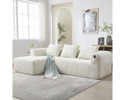 3-zitsbank, Moderne Hoekbank, L-vormige Bank, geen Montage Nodig, Chenille Bank met Chaise Longue en Armleuningen, 3 Kussens, Zijvak voor Afstandsbediening, Beige
