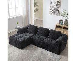 3-zitsbank, Moderne Hoekbank, L-vormige Bank, geen Montage Nodig, Chenille Bank met Chaise Longue en Armleuningen, 3 Kussens, Zijvak voor Afstandsbediening, Zwart