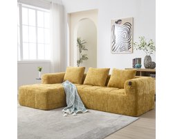 3-zitsbank, Moderne Hoekbank, L-vormige Bank, geen Montage Nodig, Chenille Bank met Chaise Longue en Armleuningen, 3 Kussens, Zijvak voor Afstandsbediening, Geel
