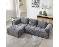 3-zitsbank, Moderne Hoekbank, L-vormige Bank, geen Montage Nodig, Chenille Bank met Chaise Longue en Armleuningen, 3 Kussens, Zijvak voor Afstandsbediening, Grijs
