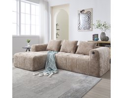 3-zitsbank, Moderne Hoekbank, L-vormige Bank, geen Montage Nodig, Chenille Bank met Chaise Longue en Armleuningen, 3 Kussens, Zijvak voor Afstandsbediening, khaki