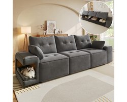 3-Zitsbank, Moderne Modulaire 3-zitsbank met Brede Armleuningen, Comfortabele Zithoek, Geïntegreerde Opbergruimte, Gestoffeerde Ligplek voor Huisdieren en Twee Kussens – Ideaal voor Woonkamers en Appartementen-Grijs