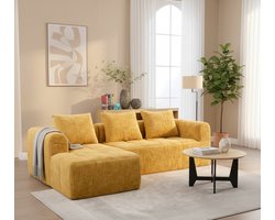 3-zitsbank U-vorm Industrialhome Luxe Chenille Geel – 250x158x60 cm – Moderne Hoekbank met Meridiaan, Zijzakken & 3 Kussens – Comfortabele Gestoffeerde Bank voor Woonkamer