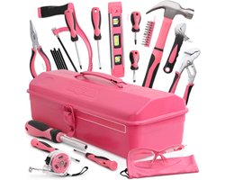 30-Delige Roze DIY Gereedschapsset Met Metalen Kist - Beginnende Toolset Met Hamer - Schroevendraaiers - Tang - Sleutel - Zaag & Meer Voor Thuisreparaties