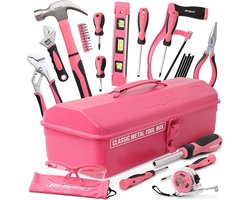 30-delige roze gereedschapsset met metalen kist: toolset met hamer, schroevendraaiers, tang, sleutel, zaag & meer voor thuisreparaties
